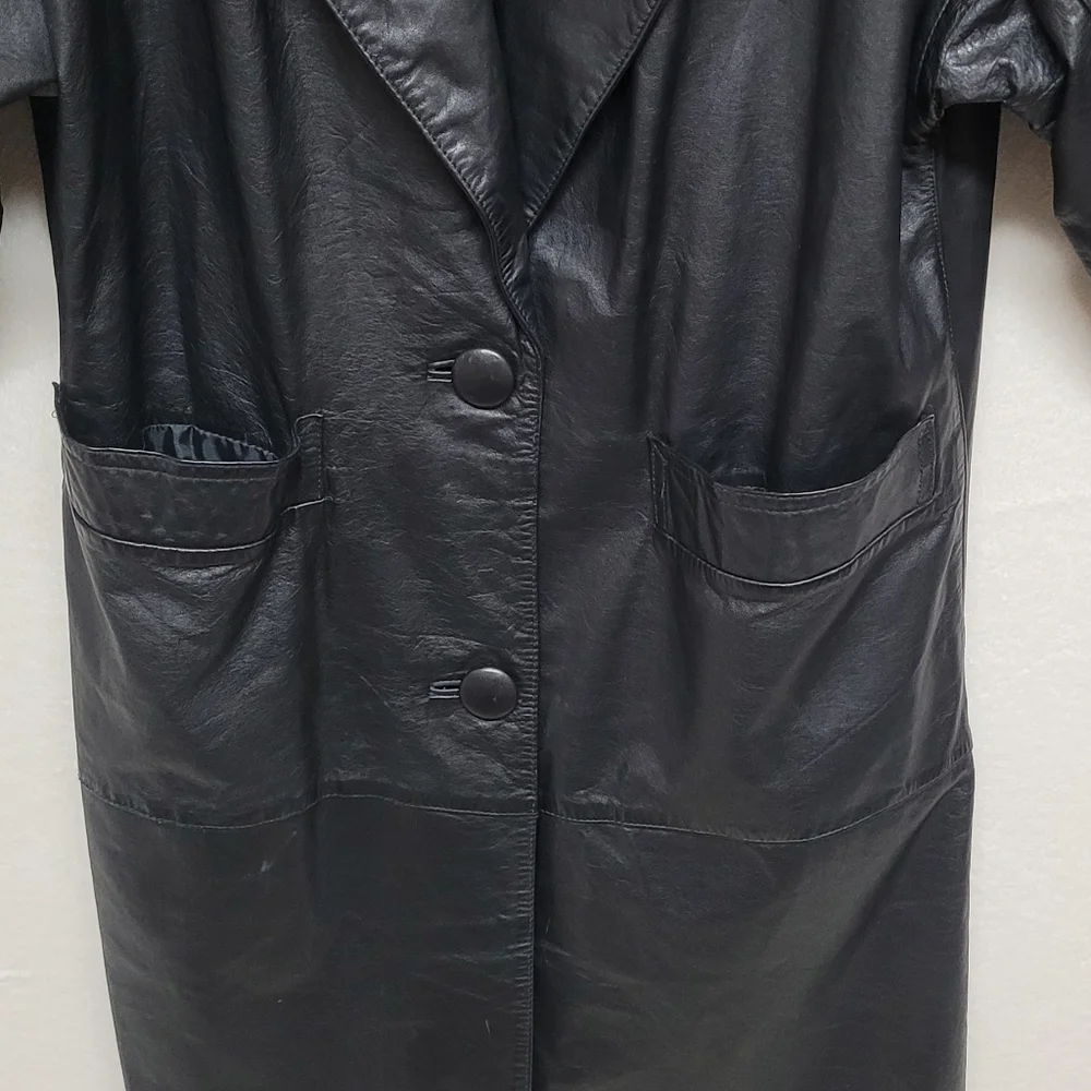 80s Vintage BKE Black Leather Longline Dolman Sleeve Oversized Trench Coat 7/8